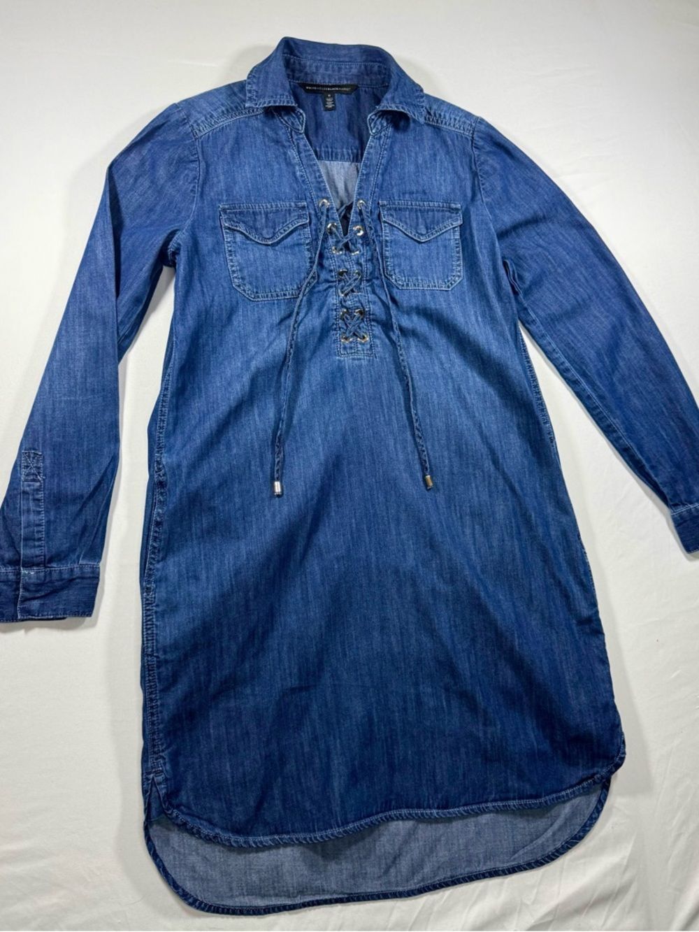 White House Black Market Denim Lace-Up Dress Size 0 Long Sleeve Dark Wash